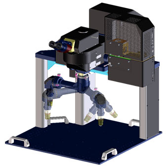 Figure 2: The inner focus unit attached to a gantry frame (a) and combined with the riser frame (b).