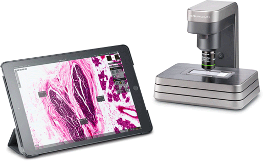 Ocus portable slide scanner with glass slide sample installed and displayed on a tablet controlling the scanner via web-based software