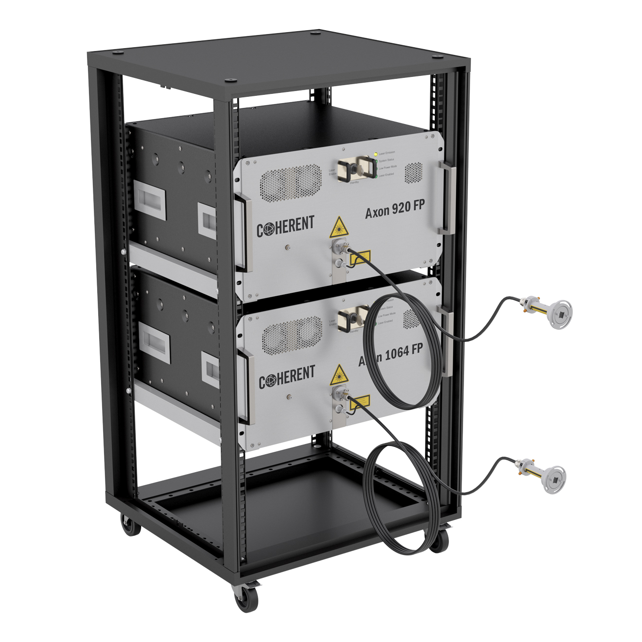 Axon FP lasers at 920 nm and 1064 nm installed in a 19-inch rack.