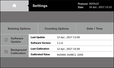 Press [Software Update] in the Settings screen of Cell Counter model R1.