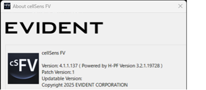 7) Confirm “Patch version” in the “About cellSens FV” window. If the Patch version is “1,” the bug fixing program has been successfully installed.