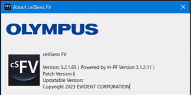 在“关于 cellSens FV”窗口中确认“补丁版本”。如果补丁版本为“6”，则错误修复程序已成功安装