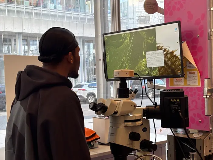 Josh using an Evident SZX16 stereo microscope.