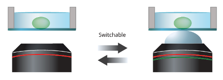 Dry (left) and silicone gel pad (right) objectives can be easily switched.