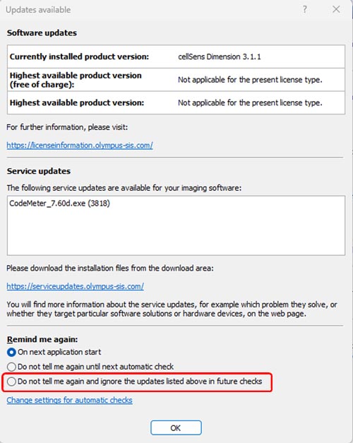 Select ‘Do not tell me again and ignore the updates listed above in future checks’ on Update notice dialog, then press ‘OK’.