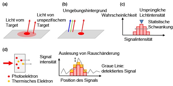 Abbildung 4: Beispiele zu Hintergrundrauschen - biologischer Hintergrund aufgrund einer unspezifischen Färbung oder Autofluoreszenz (a), Umgebungslicht aus dem Raum, das auf einem Objektträger reflektiert wird (b), Schrotrauschen (c), Störsignale in einer Kamera aufgrund thermischer Elektronen in einem Sensor (links) und ausgelesenes Rauschen (rechts) (d). Thermische Elektronen können durch Kühlung des Sensors reduziert werden.