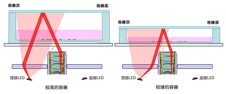 图7.照明光学器件可与高和矮容器兼容使用（侧视图）