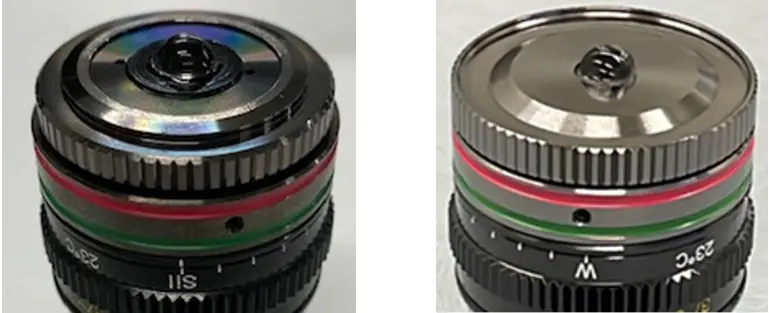 Figure 9. Silicone gel immersion (left) and water immersion (right) objective lenses.