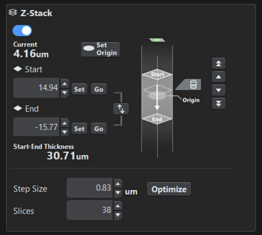 Figure 1. Z-range setting screen. The start and end positions for imaging, as well as the current observation position, are clearly visible at a glance.