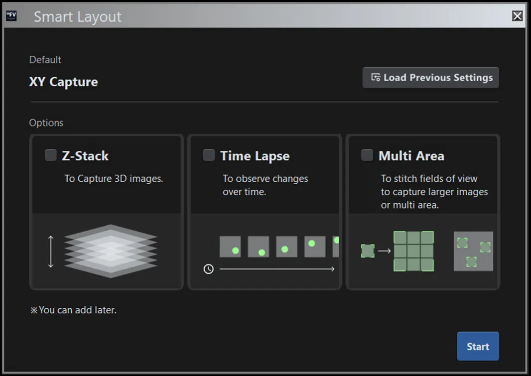 Figure 3.Purpose selection screen. The layout and onscreen guidance automatically adjust based on the selected objective.