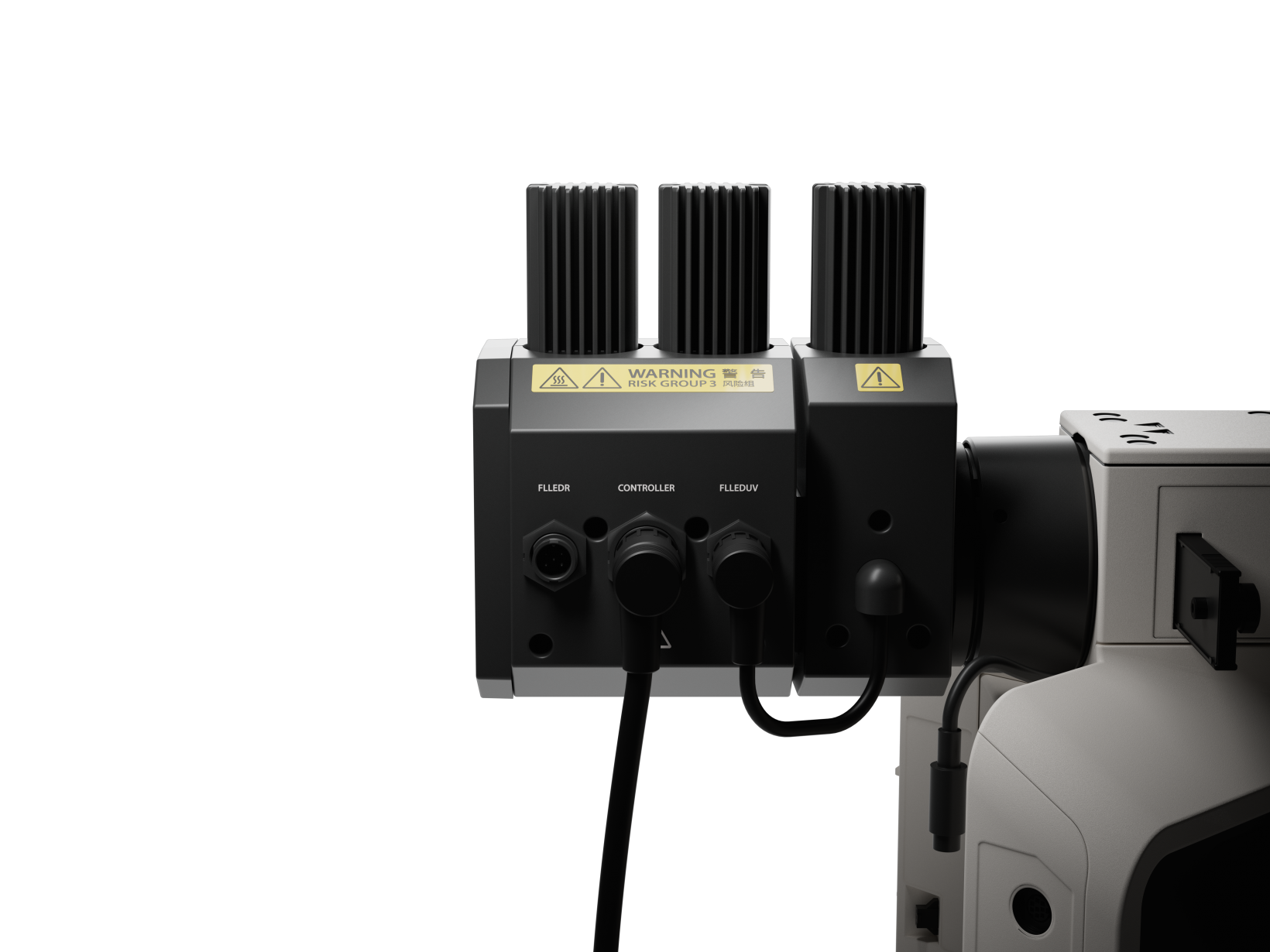 U-FLLED 系统配备两个光源模块。 从左到右： U-FLLED（蓝色/绿色）和 U-FLLEDUV（紫外线）。