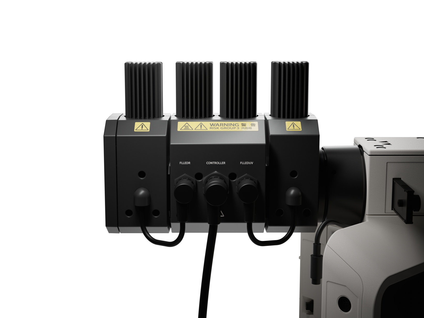 完整的 U-FLLED 系统包含三个模块。 从左到右： U-FLLEDR（深红色）、U-FLLED（蓝色/绿色）、U-FLLEDUV（紫外线）。