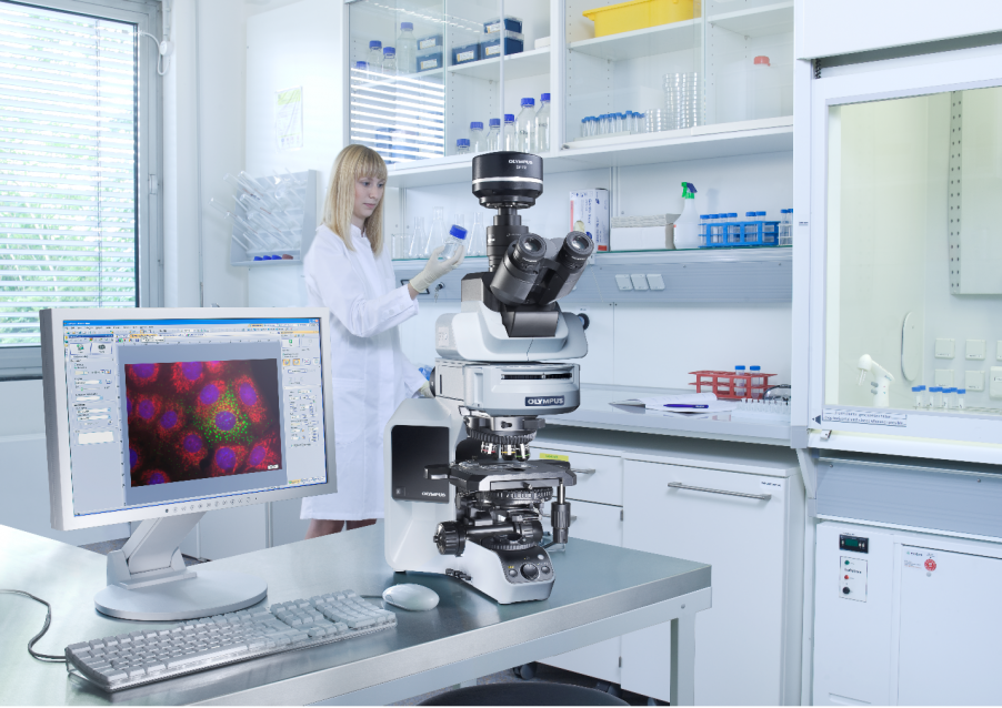 穿着实验服的生命科学研究人员正在观察样本，前景中显微镜旁的电脑屏幕上显示着一幅荧光图像。