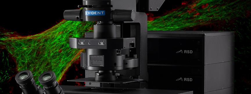 Close-up of the FLUOVIEW FV5000 confocal and multiphoton laser scanning microscope.